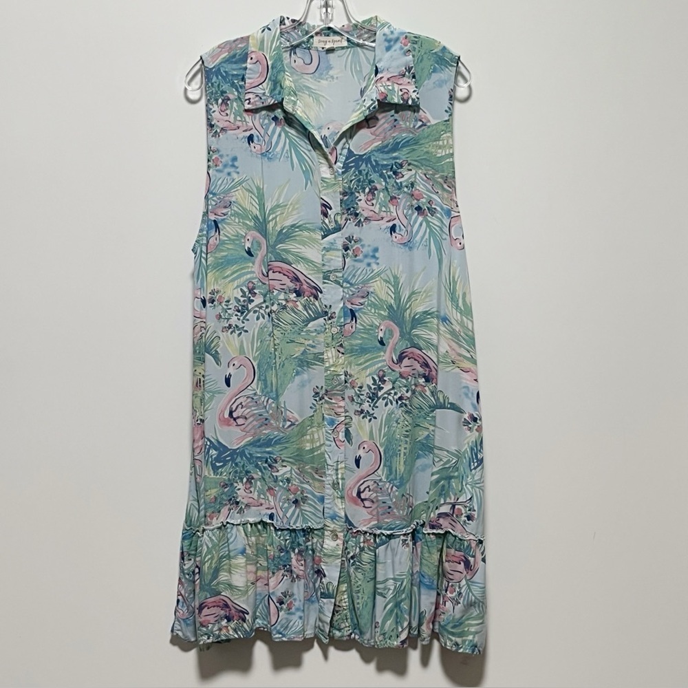 Song n Spirit Fun Flamingo Tropical Colorful Sleeveless A-Line Flare Shirt Dress
